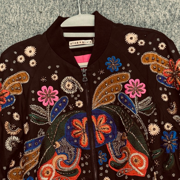 Alice + Olivia Black Floral Embroidered Bomber Jacket - Picture 4 of 16